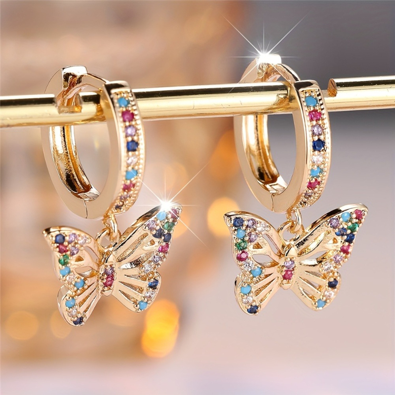 Women'S Fashion Petite - Pair of Butterfly Hoop Earrings, Gold