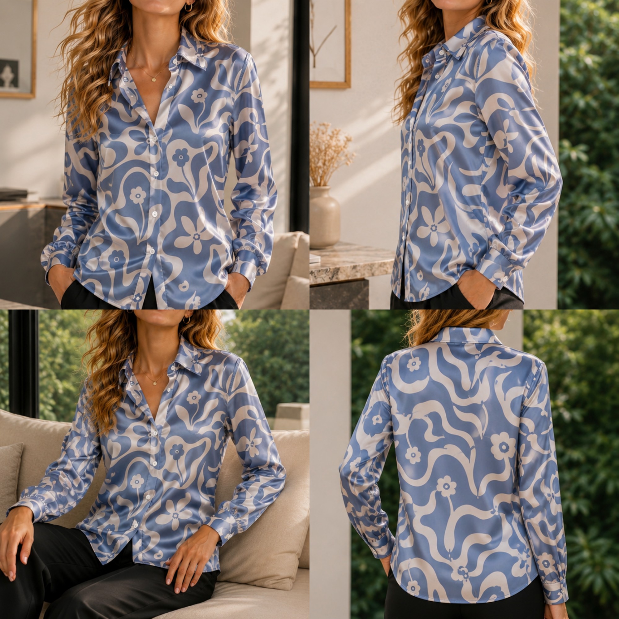Women'S Fashion - Women Green Satin Blouse White Floral