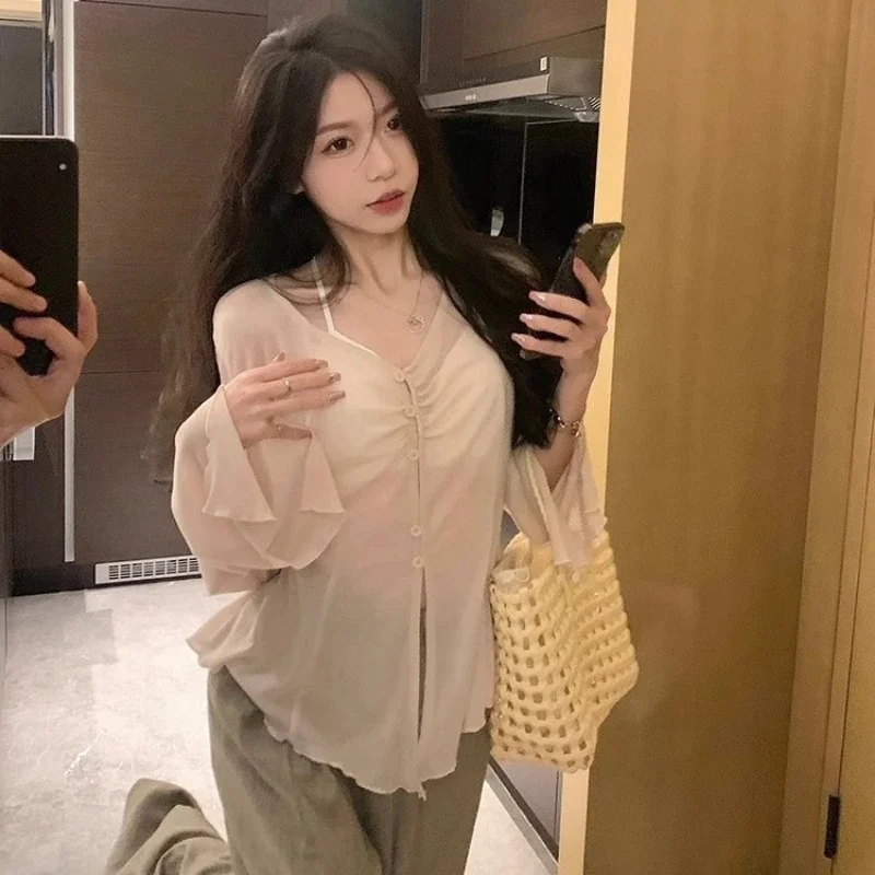 Women'S Fashion - Sheer Flare Sleeve Blouse - Y2K