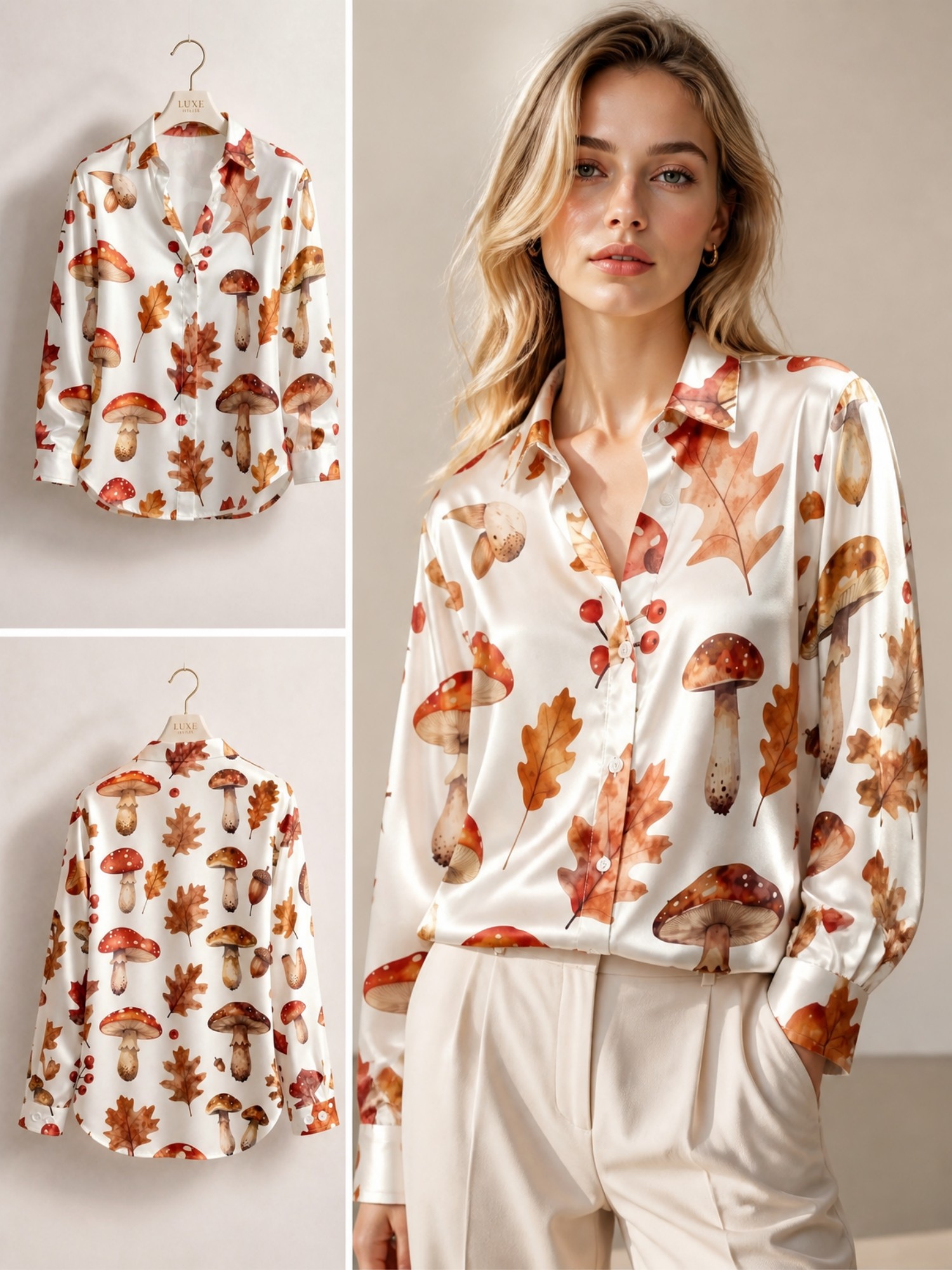 Women'S Fashion Boutique - White Autumn Mushroom Leaves Satin Blouse