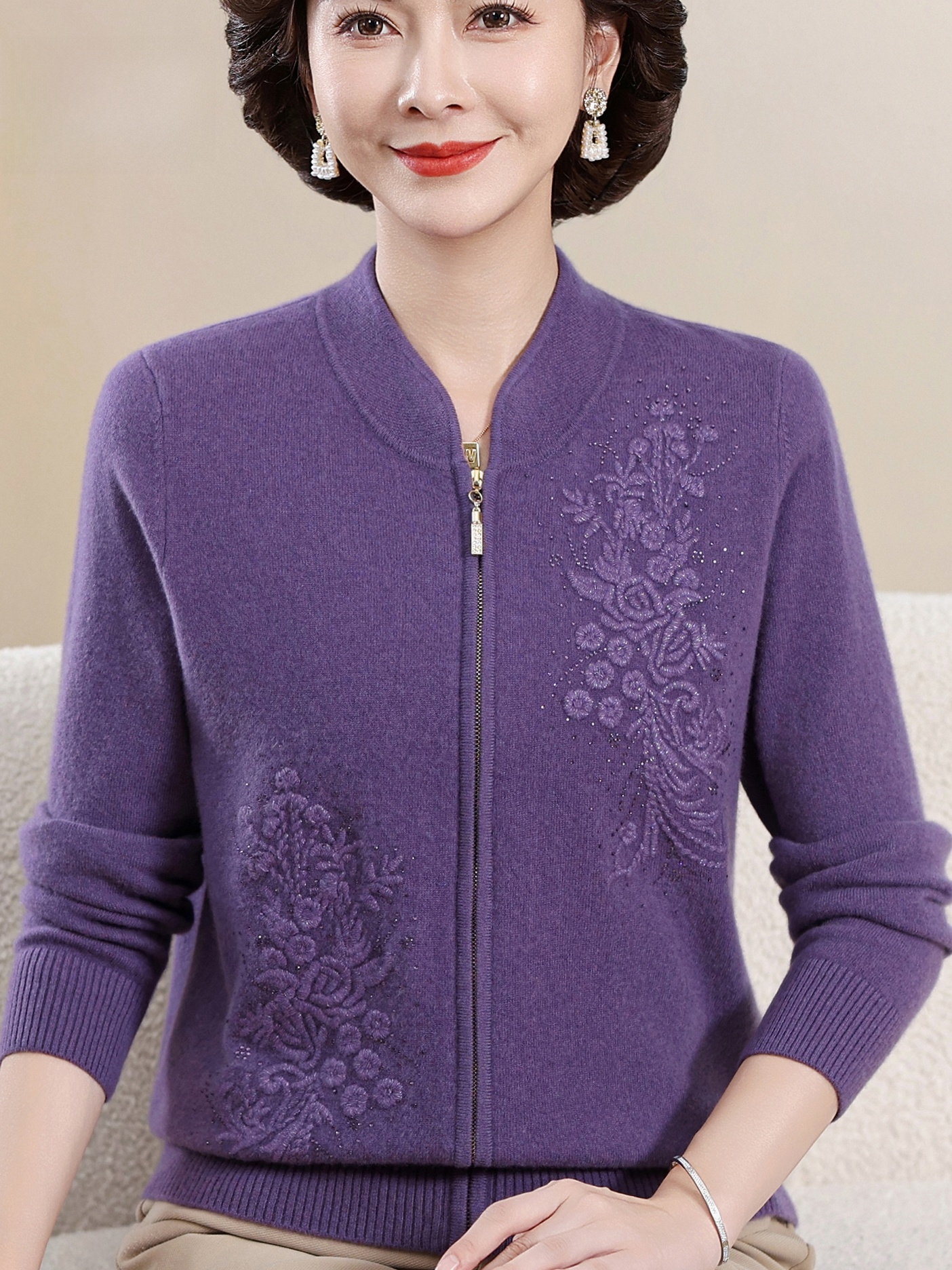 Elegant Embroidered Zipper Kni - Women Fashion Over 60 avis et prix