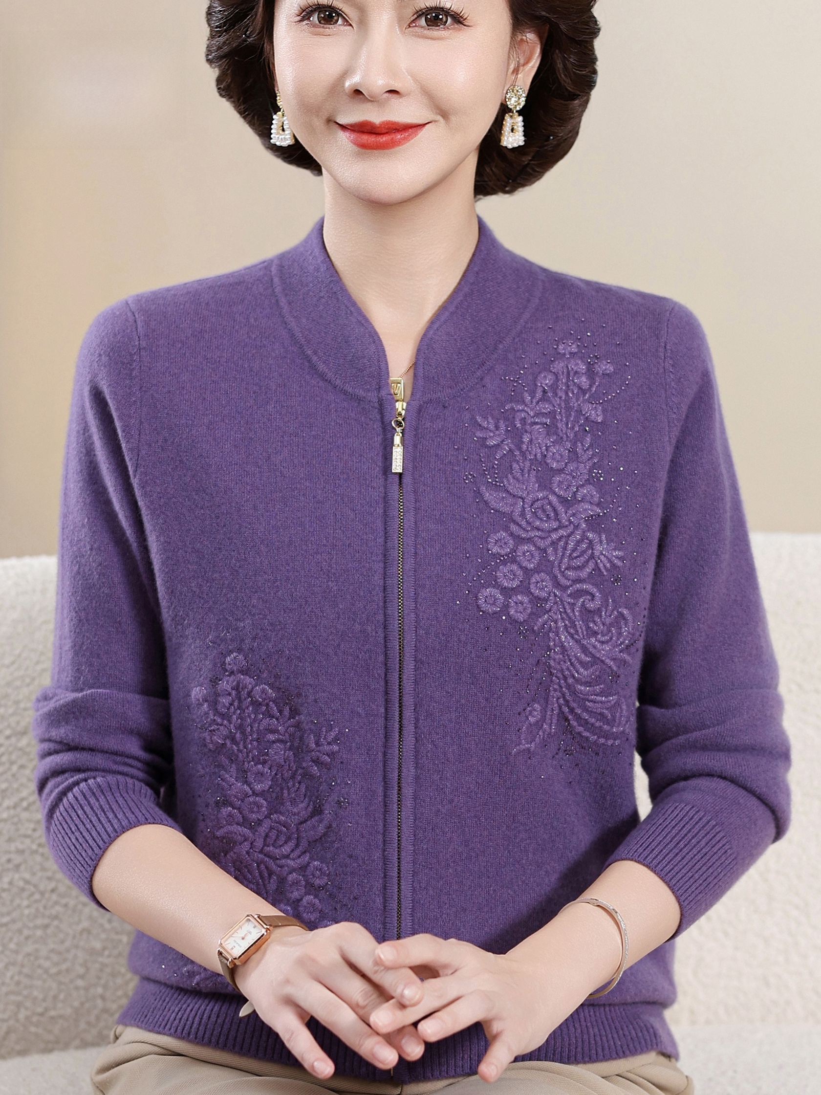 Elegant Embroidered Zipper Kni - Women Fashion Over 60 avis et prix