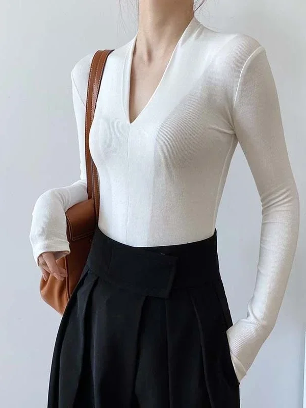 V-neck Slim Shirts Long Sleeve - Women'S Fashion Tops avis et prix