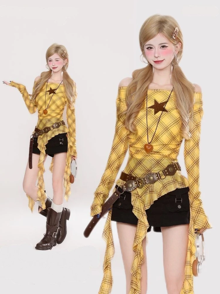 Y2K Plaid Slash Neck Vintage T - Women'S Fashion avis et prix