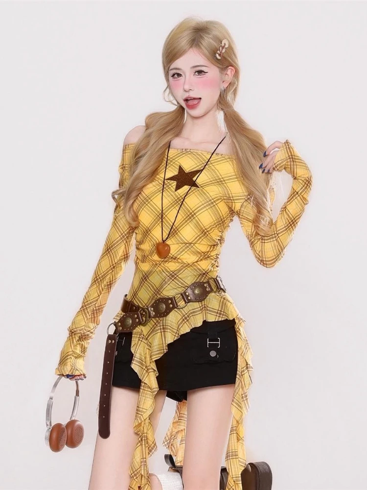 Y2K Plaid Slash Neck Vintage T - Women'S Fashion avis et prix