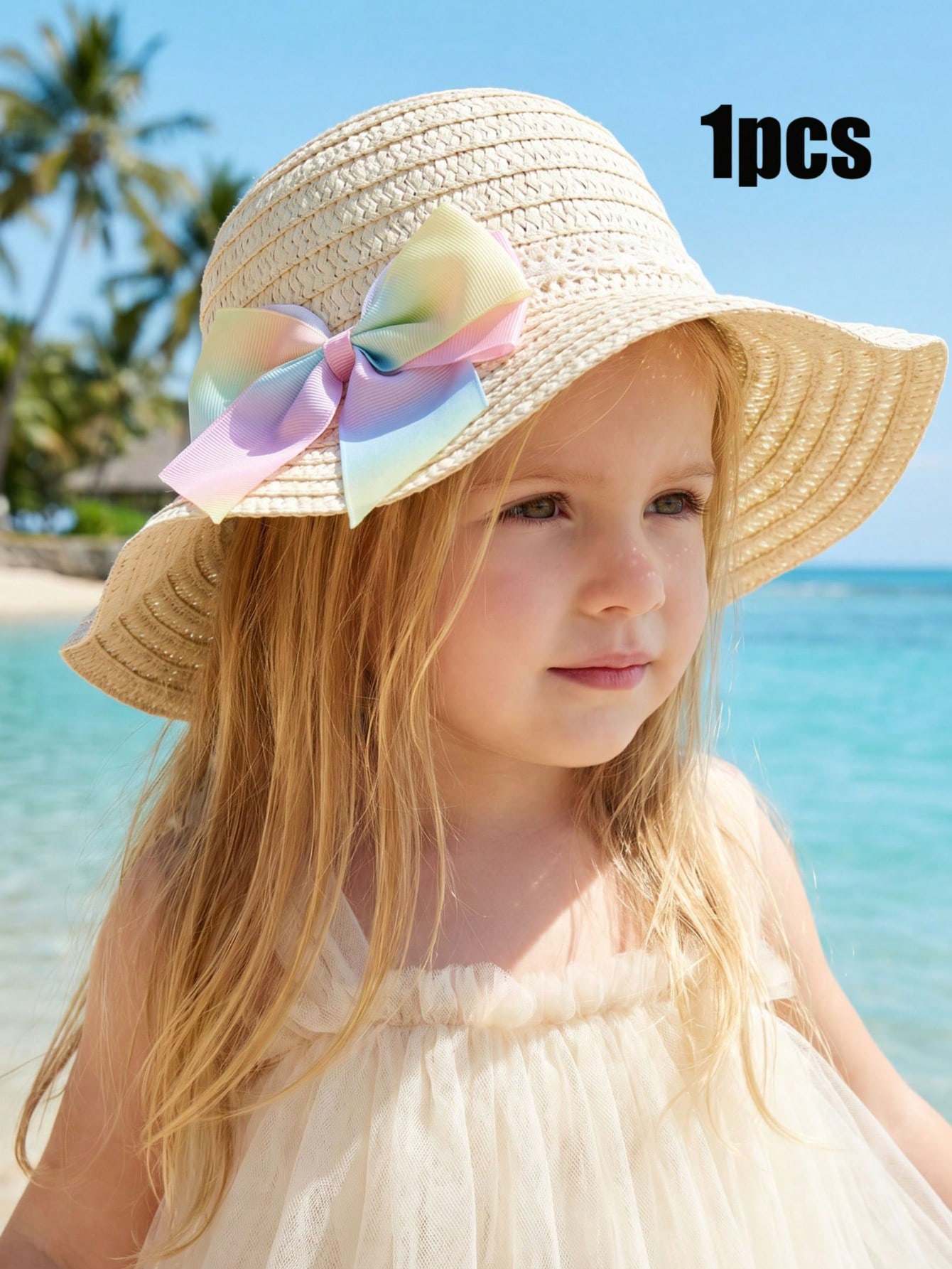 1Pc 1-5Y Girls Beige Straw Hat - Straw Hat Summer avis et prix