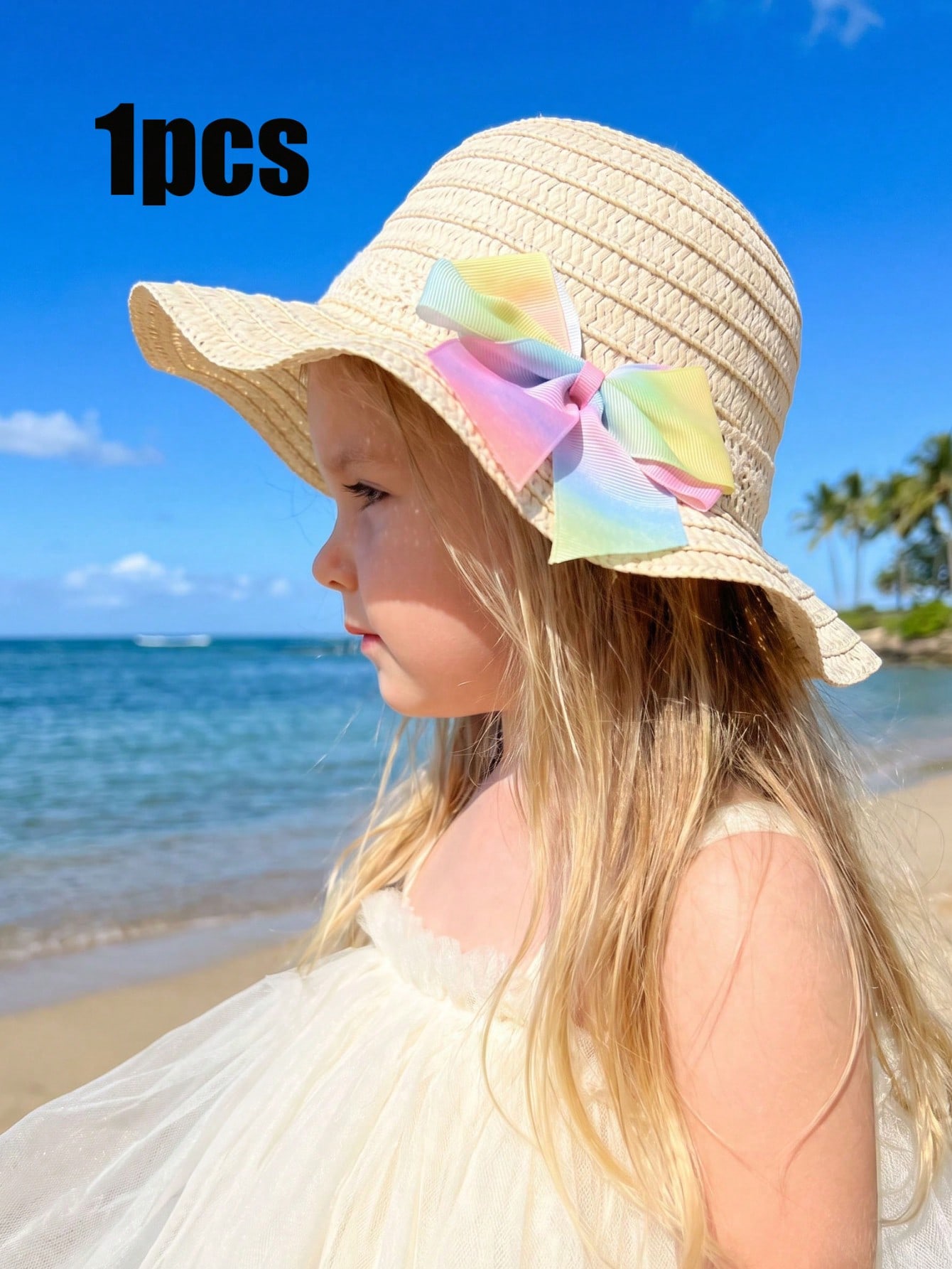 1Pc 1-5Y Girls Beige Straw Hat - Straw Hat Summer avis et prix