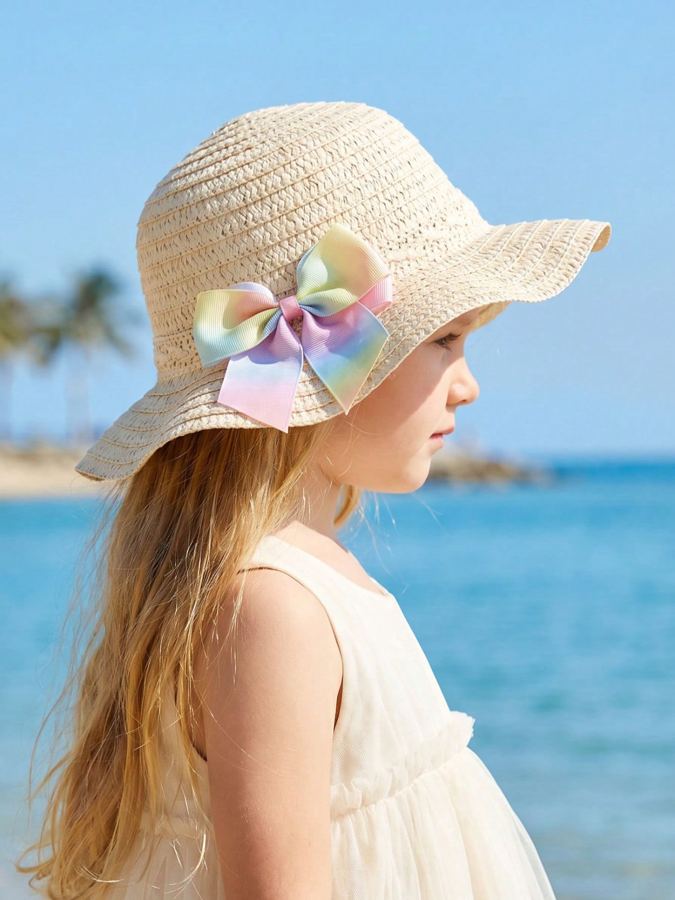 1Pc 1-5Y Girls Beige Straw Hat - Straw Hat Summer avis et prix